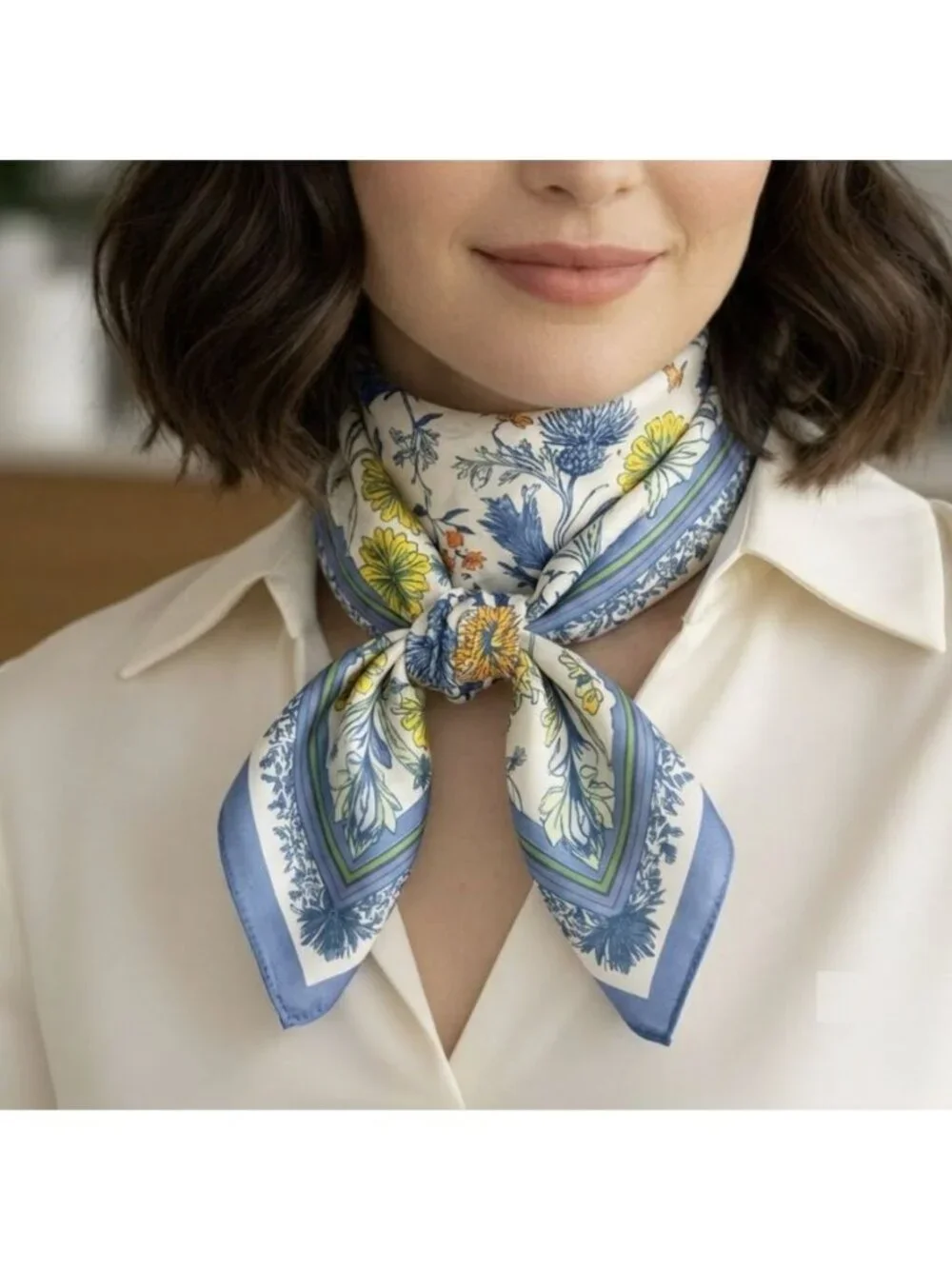 ✨Luxury Elegant Blue Floral Silky Square Scarf Beige Blue Neck Accessory Hijab